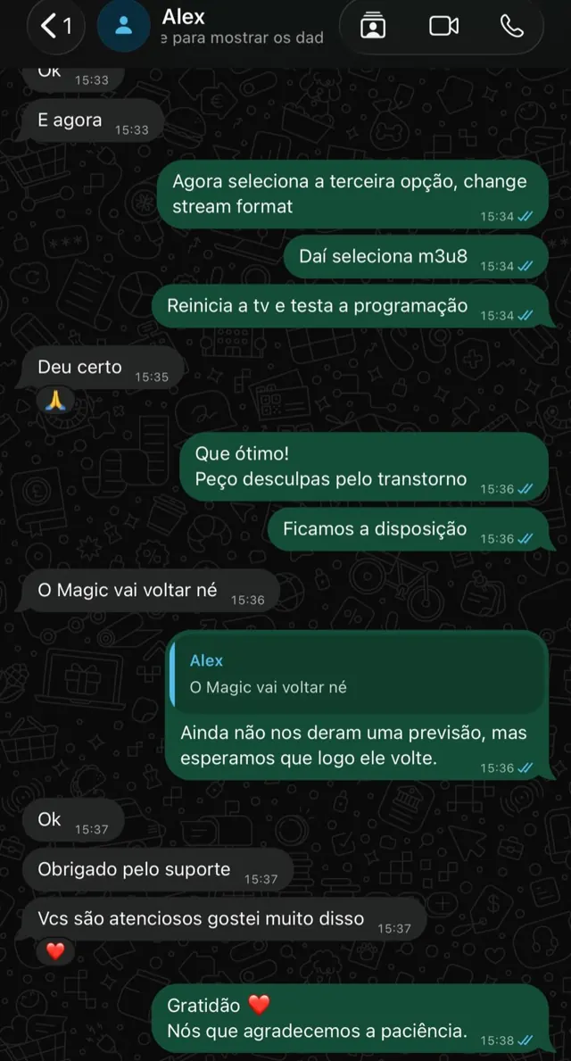 Print da conversa de Alex com a PRIME TV no WhatsApp
