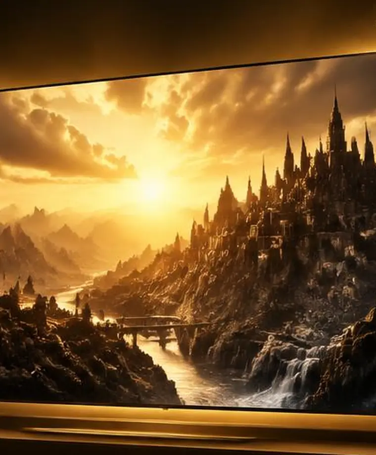 Cidade fantástica em um vale ao pôr do sol