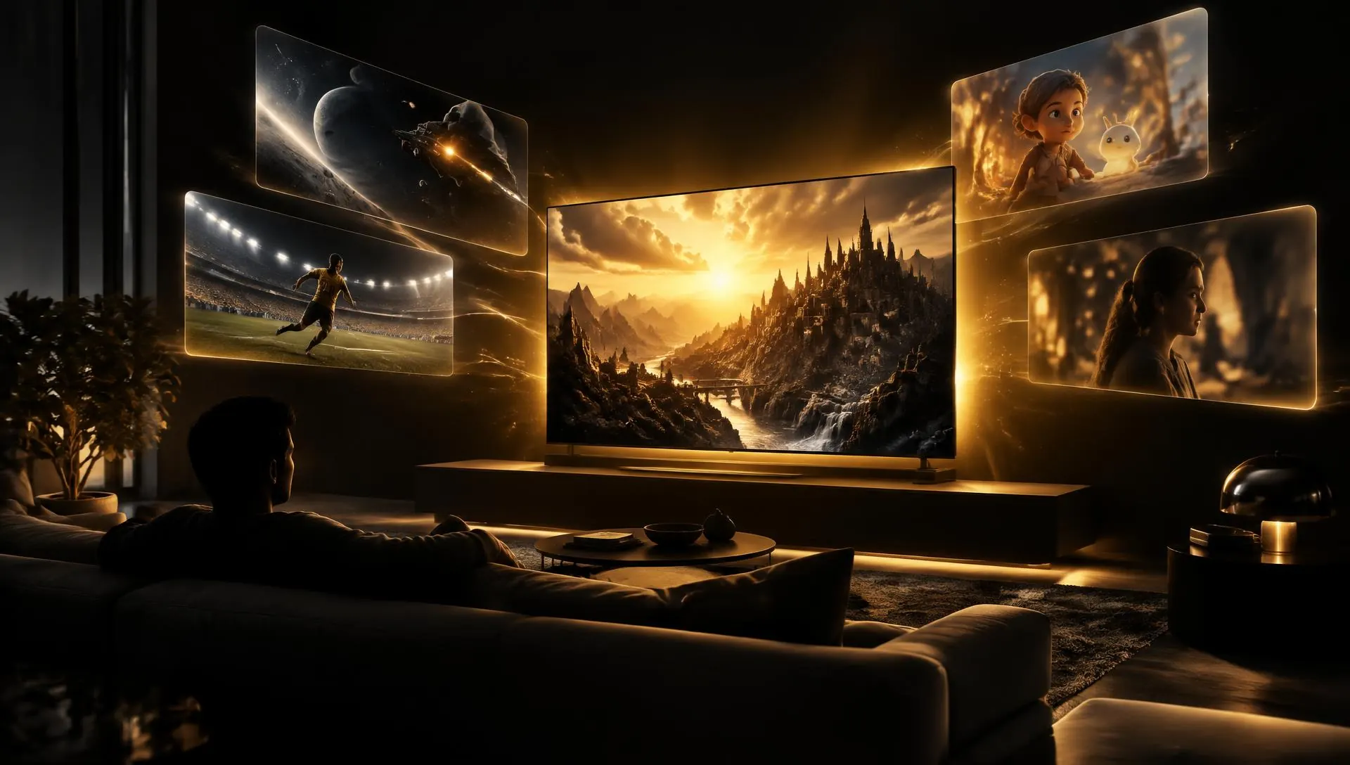 Sala escura com uma TV grande cercada por telas flutuantes de filmes, esportes, animação e séries